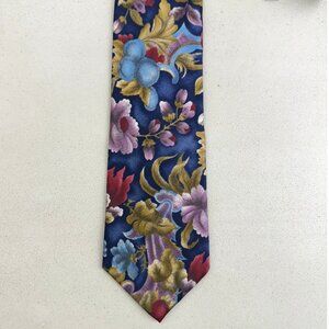 Vintage Silk Floral Tie 1970s Flower Print Necktie Colorful Blue Made in USA  Co